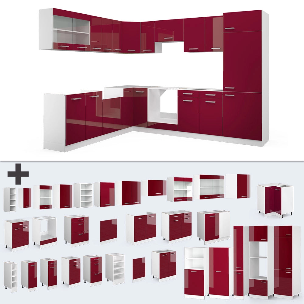 Cucina angolare completa R-Line Rosso lucido/Bianco 287 x 227 cm senza piano di lavoro Vicco