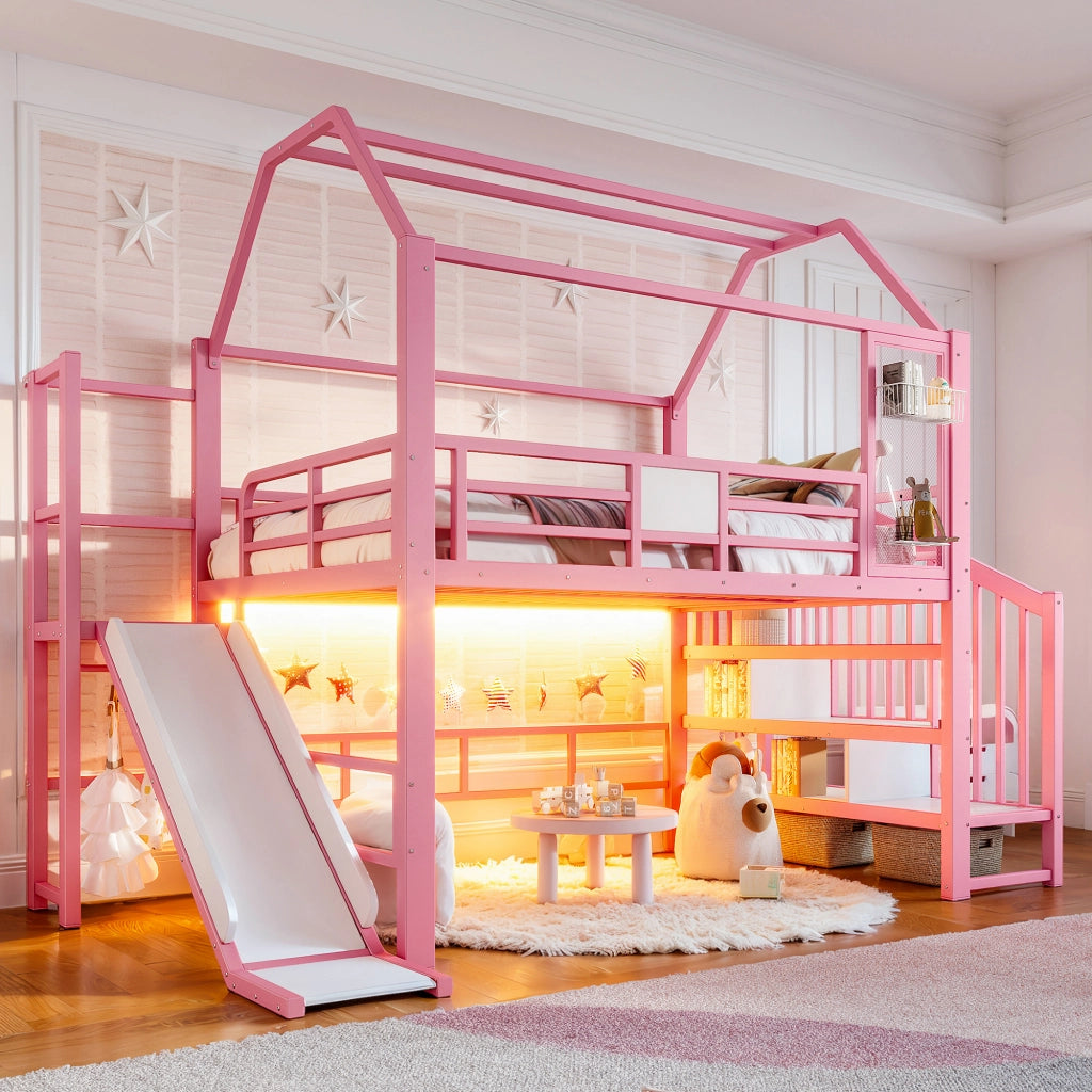 Letto a soppalco per bambini a casetta rosa 140x200 cm con scivolo; LED e scaletta
