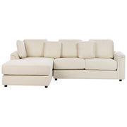 Divano moderno ad angolo con gambe in plastica in tessuto beige chiaro lato destro