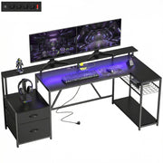 Scrivania Gaming Angolare con Hub Ricarica e LED ¨C Zephmum ¨C Legno e Acciaio Nero 192.5x80x86.5 cm