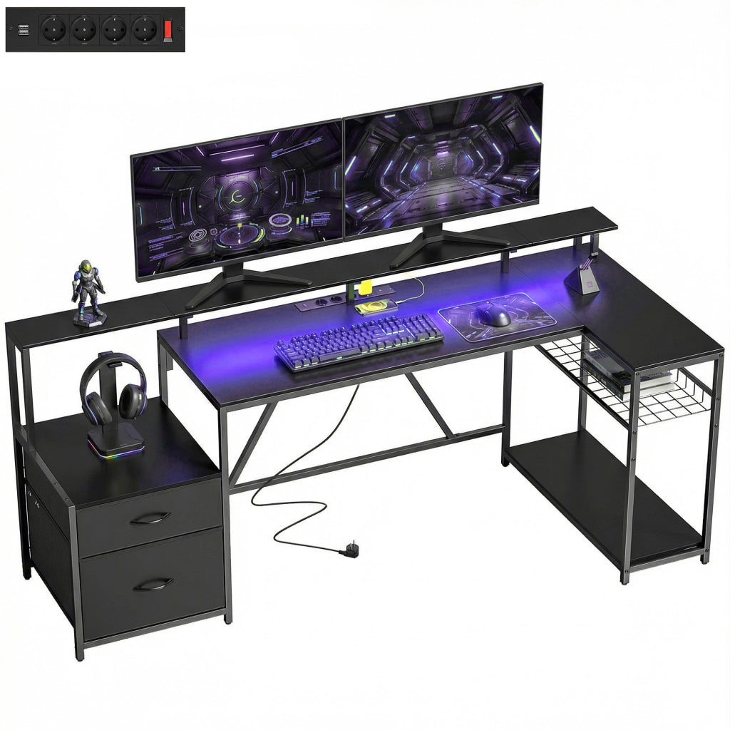 Scrivania Gaming Angolare con Hub Ricarica e LED ¨C Zephmum ¨C Legno e Acciaio Nero 192.5x80x86.5 cm
