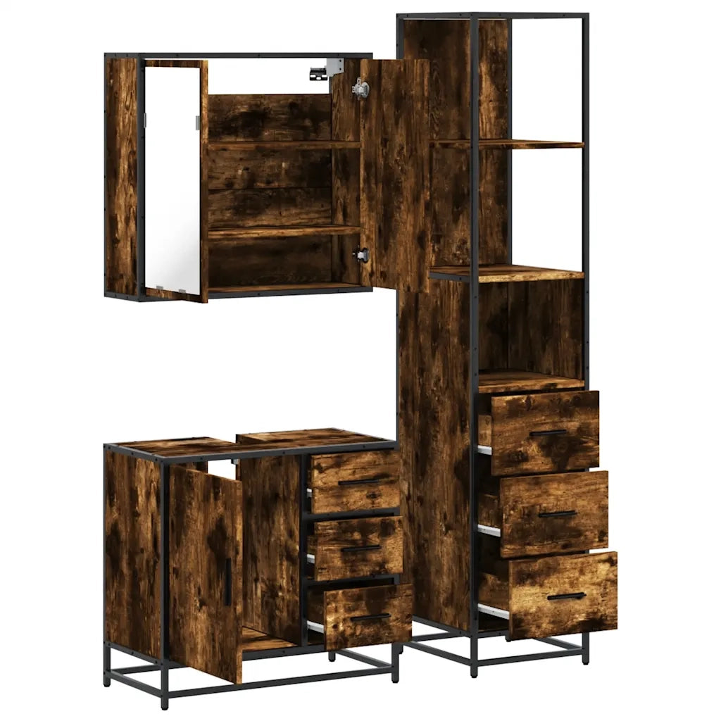 Set Mobili da Bagno 3 pz Rovere Fumo in Legno Multistrato 3301137