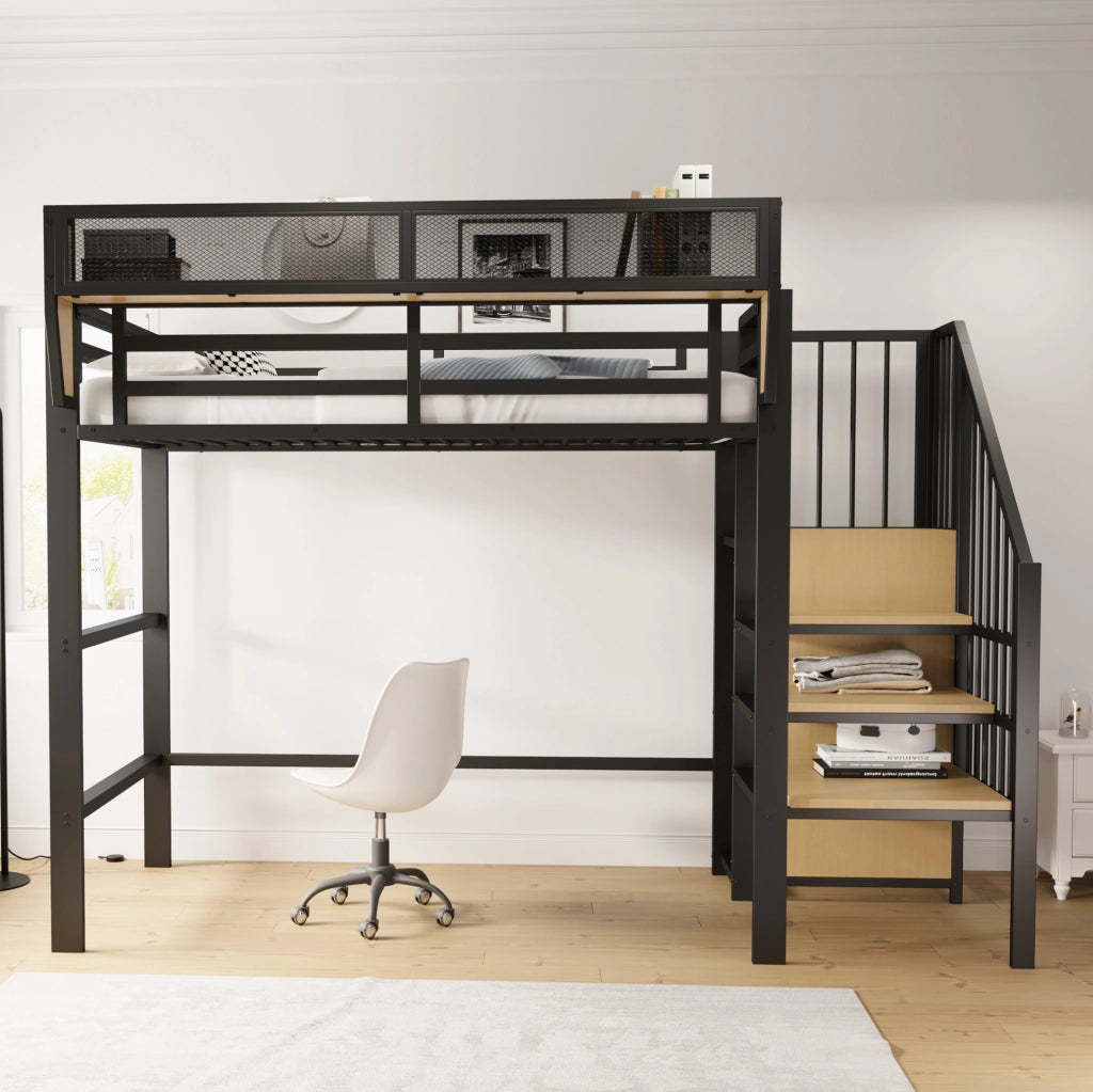 Letto a soppalco 90x200 nero con ripiano regolabile