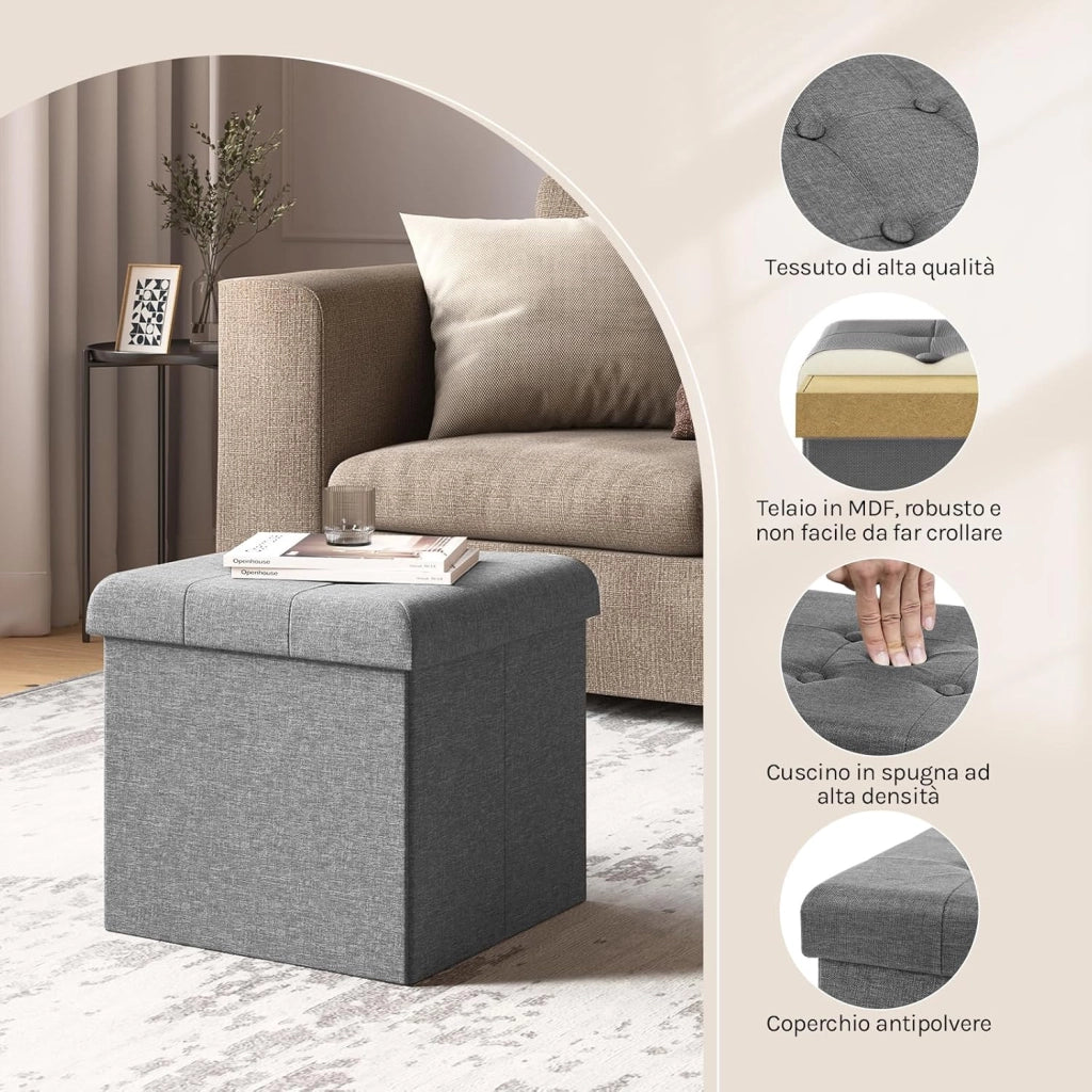 Sedia a Cubo Pieghevole Pouf Cassapanca Poggiapiedi Panche Contenitore con Coperchio Rimovibile MDF Oxford Lino Grigio Chiaro