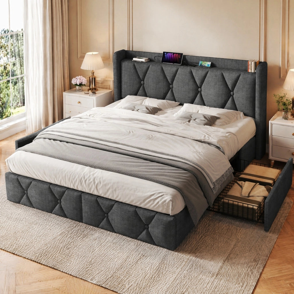 Letto contenitore matrimoniale 140x200 cm in lino grigio con 4 cassetti; prese e USB