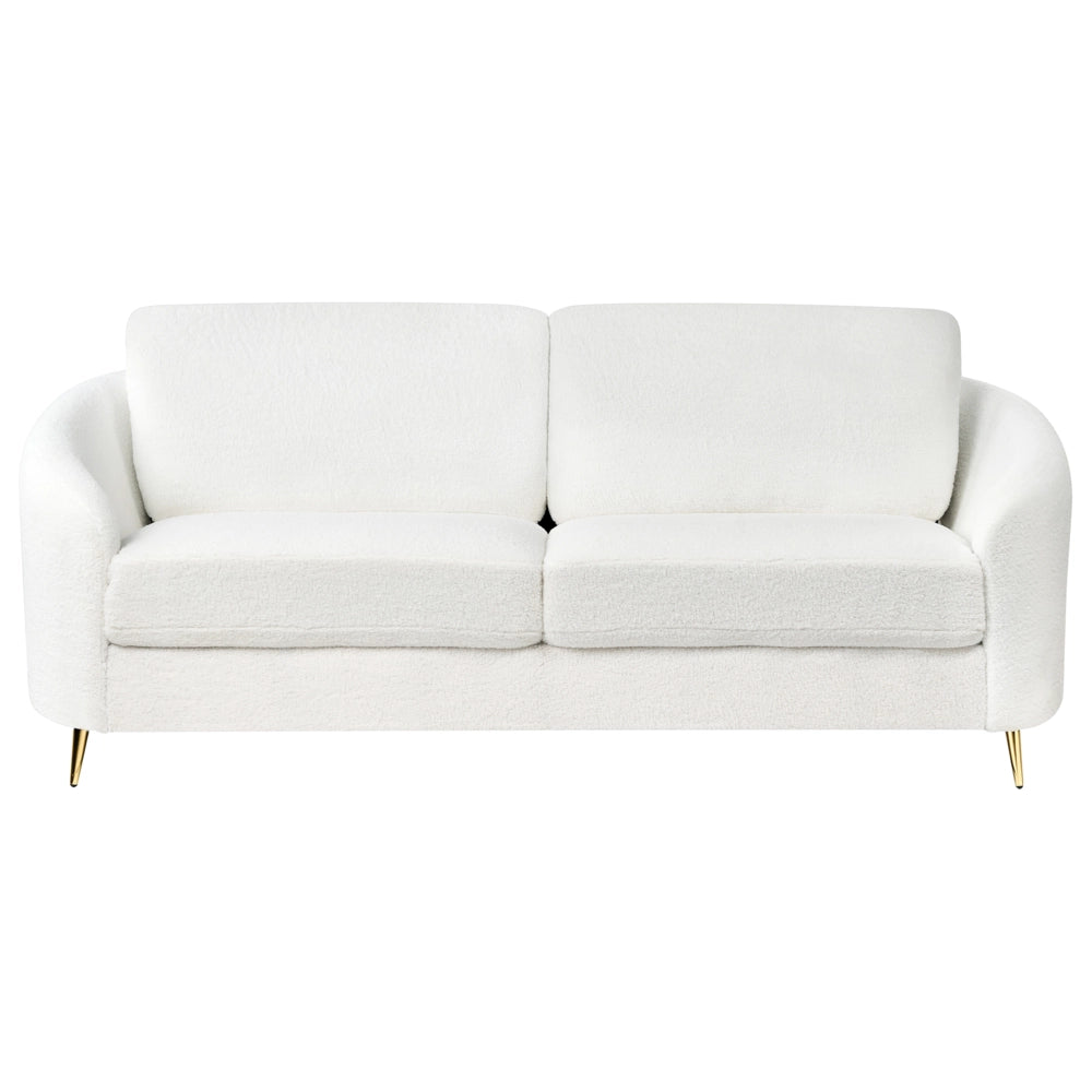Divano 3 posti in tessuto bouclè bianco con piedi dorati curve morbide stile glamour elegante soggiorno