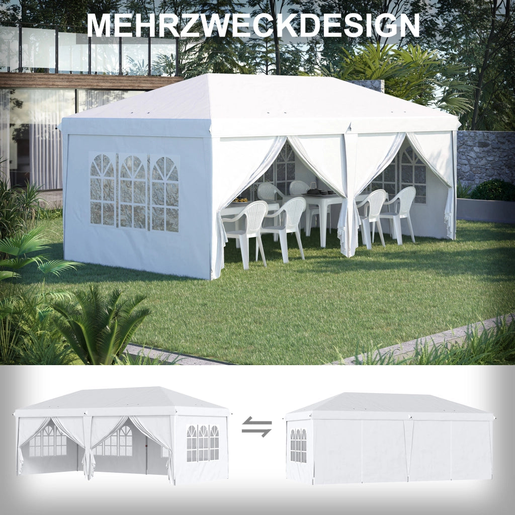 Gazebo da giardino pieghevole Padiglione 5.85 x 2.95 m con protezione UV tenda con pareti laterali e finestre porte con cerniera acciaio bianco