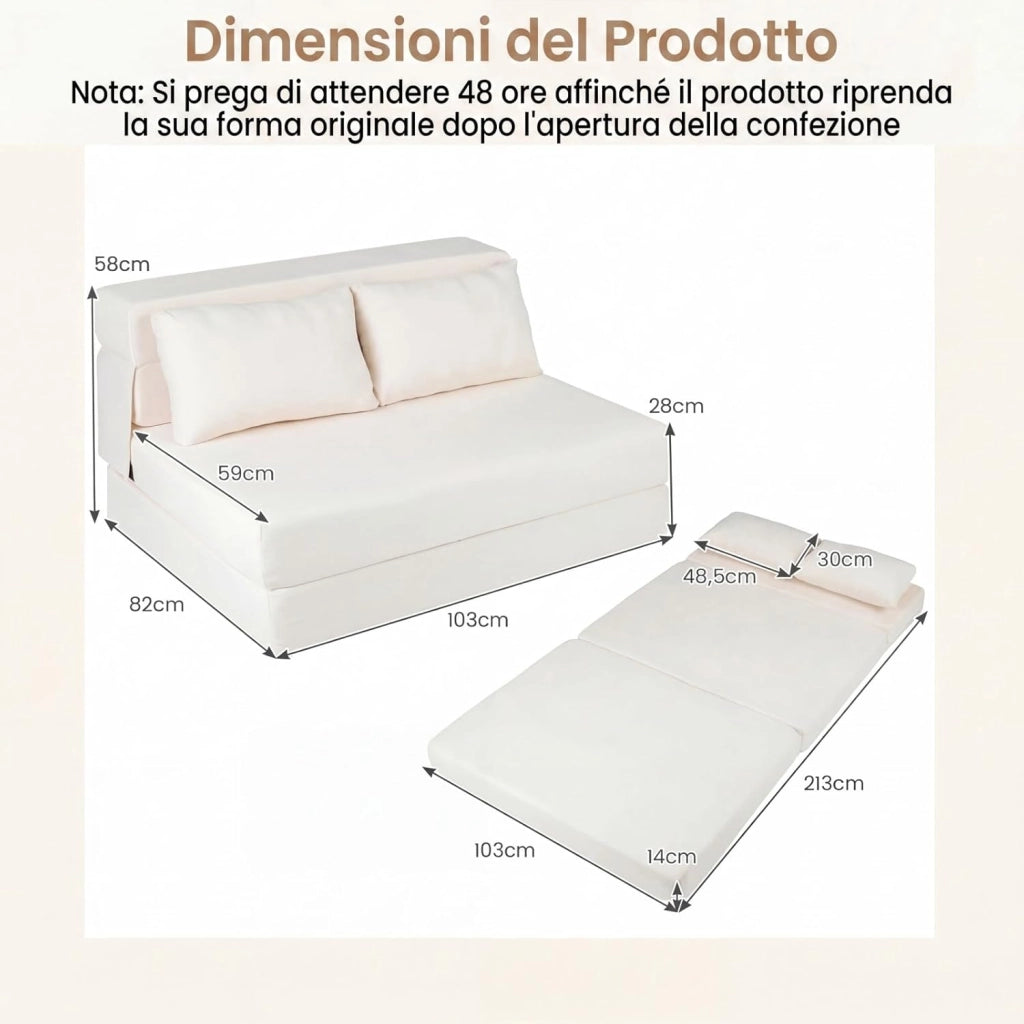 Divano Letto 2 Posti Pieghevole, 3 in 1 Divanetto Trasformabile con 2 Cuscini, Schiuma ad Alta Densità e Rivestimento in Tessuto Chenille, Poltrona Letto per Soggiorno (Beige,82 x 103 x 58 cm)