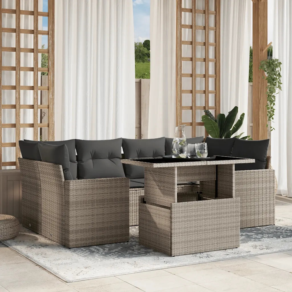 Set Divani da Giardino 7pz con Cuscini Grigio Chiaro Polyrattan