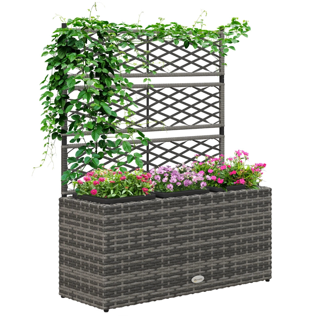 Fioriera con Grigliato per Rampicanti ¨C zephmum ¨C 3 Vasi, Acciaio e Rattan PE, 84x30x107cm, Grigio