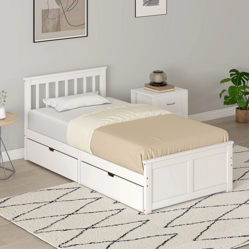 Letto Singolo in Legno Massello con 2 Cassetti e Testiera ¨C Zephmum ¨C 90x190 cm Bianco