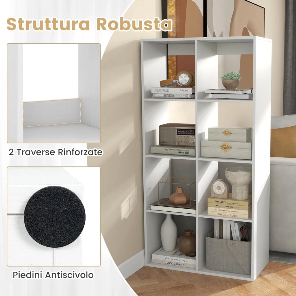 Libreria a 8 Cubi, Scaffale con Sbarra di Protezione Posteriore e Kit Anti-Ribaltamento, Organizer a 4 Livelli Autonomo con Ripiani per Soggiorno, Camera da Letto, Studio, 69,5 x 33 x 137 cm
