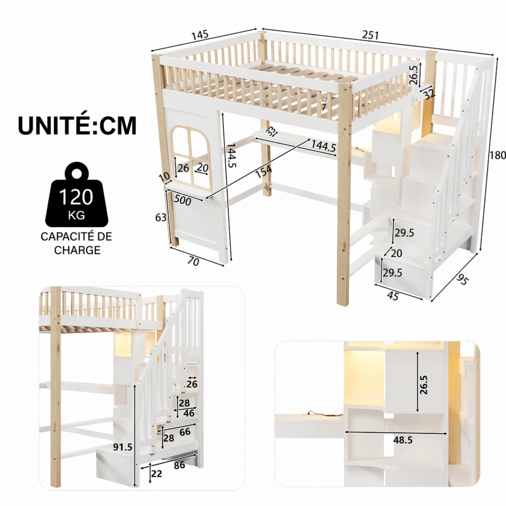 DESMIU Letto a Soppalco Letto Matrimoniale con LED, Scrivania e Vani 140 × 200 cm, Senza Materasso