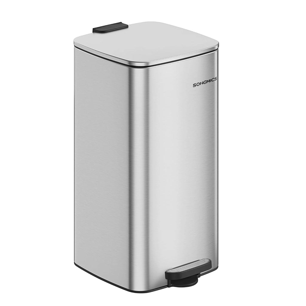 SONGMICS Pattumiera da Cucina, Cestino da 30 L, Cestino a Pedale in Acciaio, con Secchio Interno, Chiusura Morbida e Resta Aperto, Argento Metallizzato LTB593E01