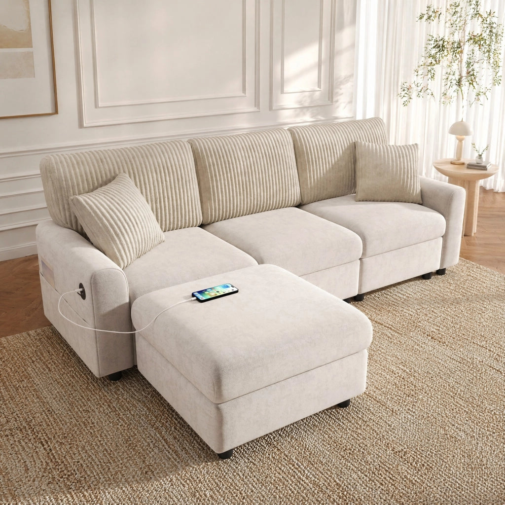 Sofa moderno con poggiapiedi; 2 cuscini; USB e Type-C; 223x146x84 cm; beige