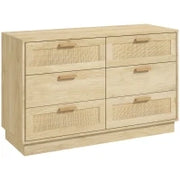 Cassettiera 6 Cassetti Stile Boho per Camera e Ingresso in Legno e Rattan, 110x40x69 cm, Rovere