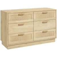 Cassettiera 6 Cassetti Stile Boho per Camera e Ingresso in Legno e Rattan, 110x40x69 cm, Rovere