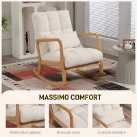 Poltrona a Dondolo 90°-130° con Cuscino Lombare rivestita in Tessuto Sherpa, 64.5x82x89 cm, Bianco e color Legno