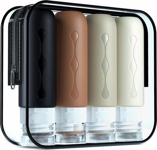 Set di contenitori di silicone per viaggio 90 ml, 4 pezzi di contenitori per viaggio senza leva e articoli per il bagno in viaggio, contenitori per vaso di vetro riutilizzabili per shampoo, crema, condizionatore, cura del corpo, FDA approvati.