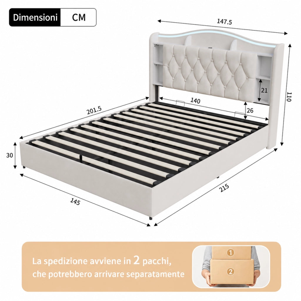 Letto a molle a sollevamento idraulico, testiera velluto beige, con luci LED RGB, stazioni di ricarica USB e wireless, scomparti porta oggetti, 140x200 cm