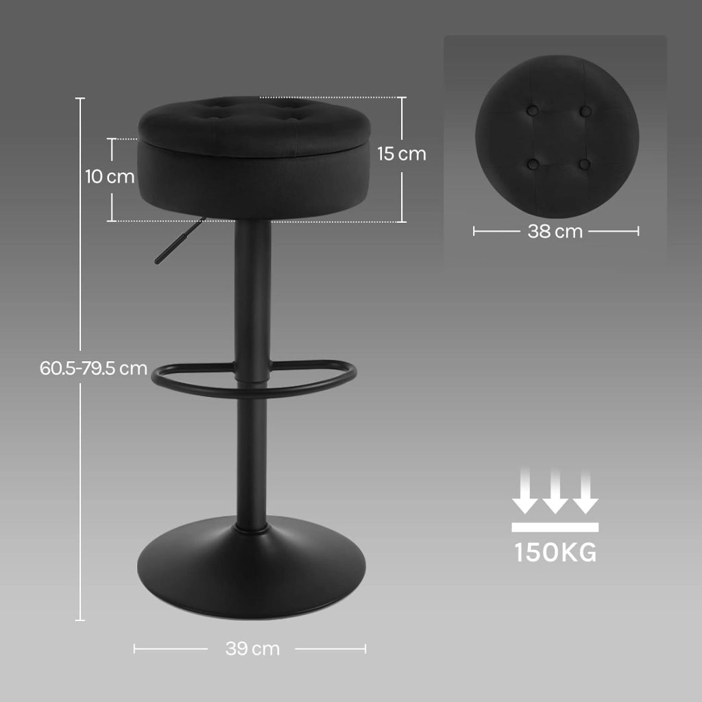Sgabello Cucina, Sgabello da Bar Alto con Spazio Contenitivo, Sedia Regolabile in Altezza e Girevole a 360°, per Cucina Sala da Pranzo Bar Bancone, Velluto, Metallo, Nero