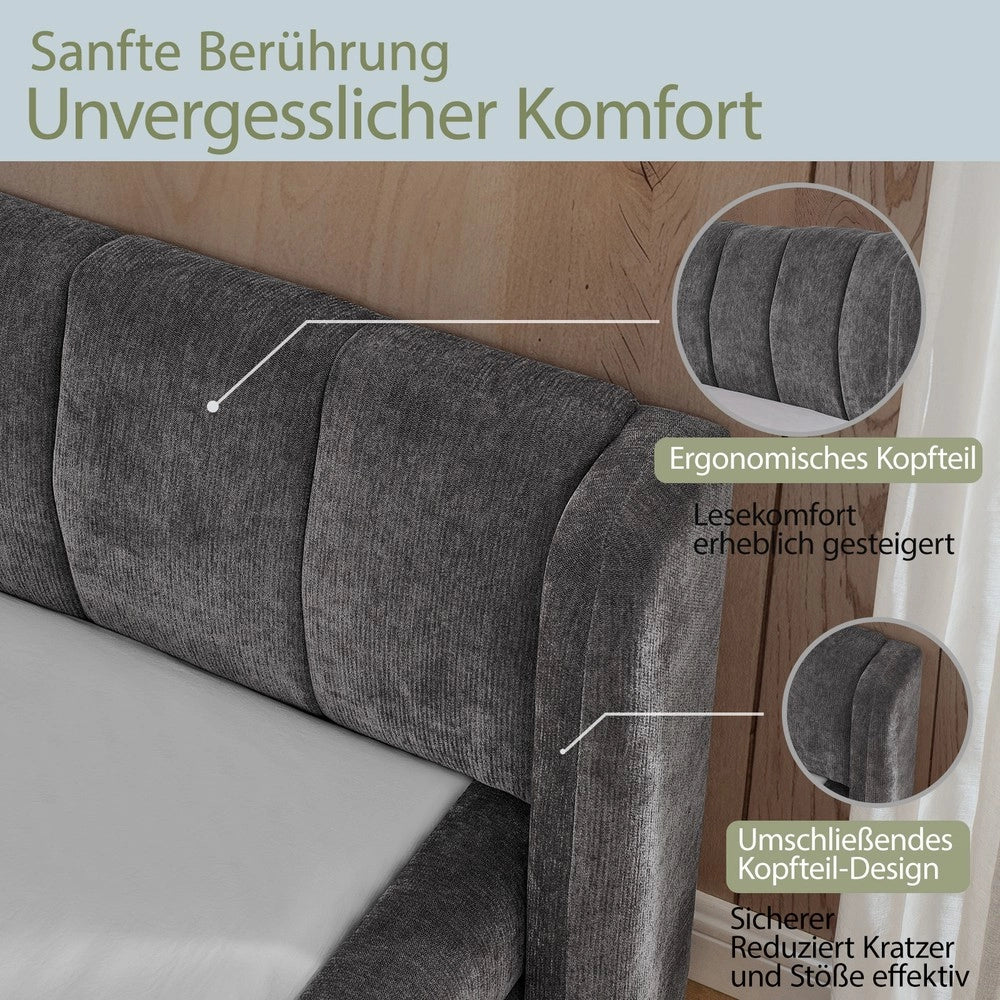 Letto Matrimoniale Imbottito ¨C MINIMAL ¨C Tessuto Chenille, Grigio Scuro, 160x200