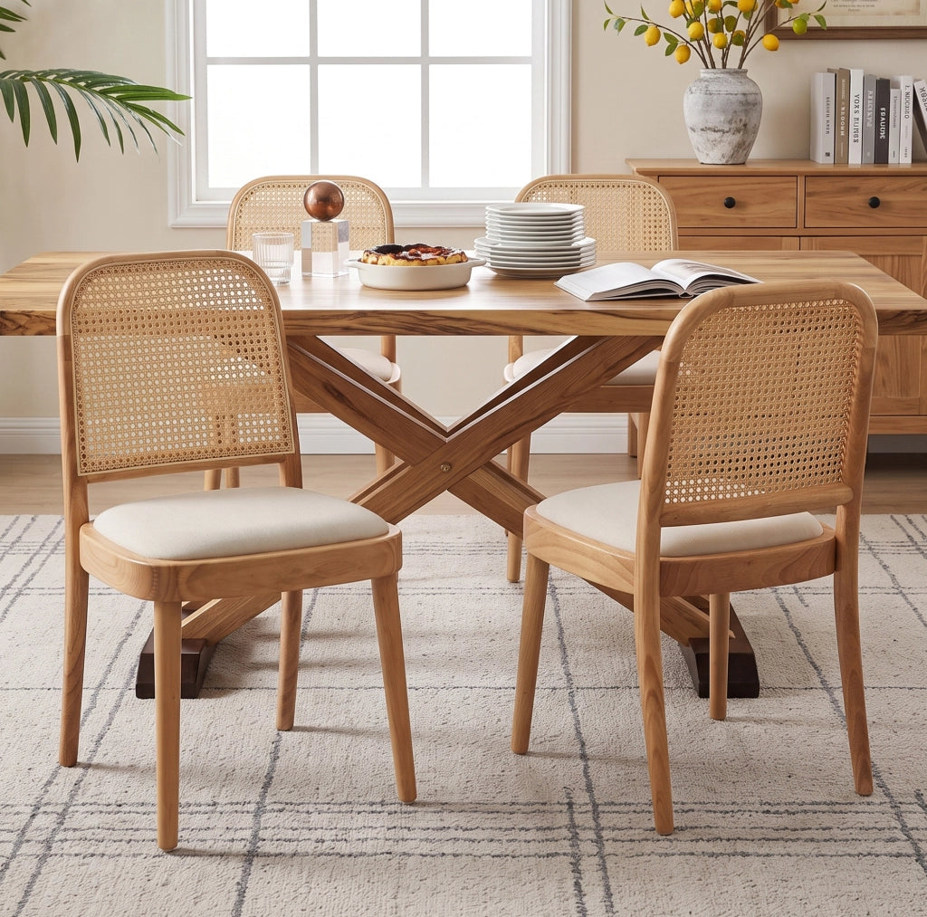 Set di 2 sedie da pranzo in legno massello e rattan