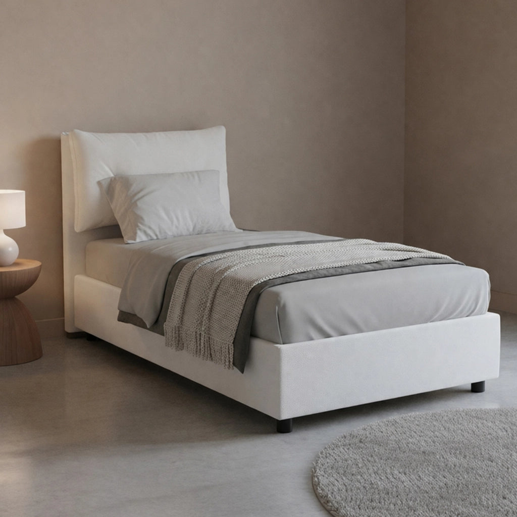 Letto singolo Albiate, Letto contenitore con rivestimento in ecopelle, Made in Italy, Apertura frontale, con materasso cm 80x190 incluso, Bianco