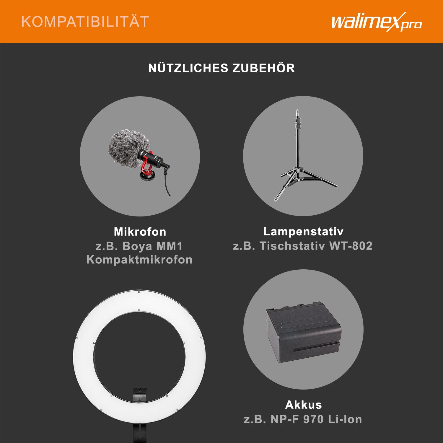 Ring light a LED 380 Bi-Color dimmerabile 23W, Luce ad anello con settori commutabili per foto e video, incl. accessori