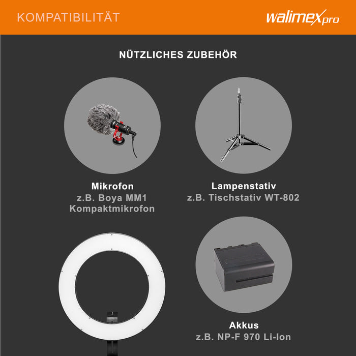 Ring light a LED 380 Bi-Color dimmerabile 23W, Luce ad anello con settori commutabili per foto e video, incl. accessori