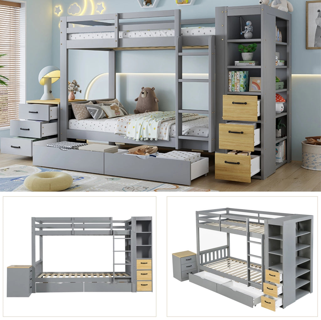 Letto a castello grigio in legno 90x200 cm con cassetti, scaletta e comodino mobile