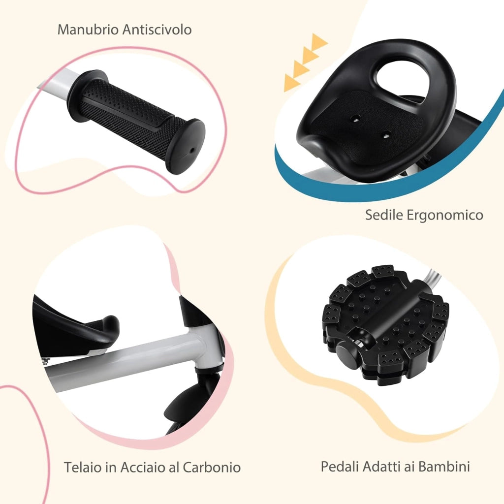 Triciclo per Bambini, Trike con Sede Regolabile Cestini Anteriori e Posteriori, Bicicletta a 3 Ruote con Telaio in Ferro Carbonioso di Alta Resistenza, per Bambini 1,5-5 Anni (Bianco)