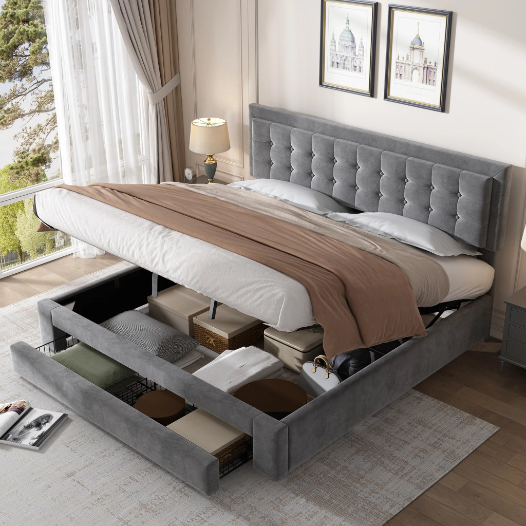 Letto contenitore idraulico con cassetti e testiera regolabile LEMONMAX; 160x200 cm; sommier a doghe; velluto; grigio
