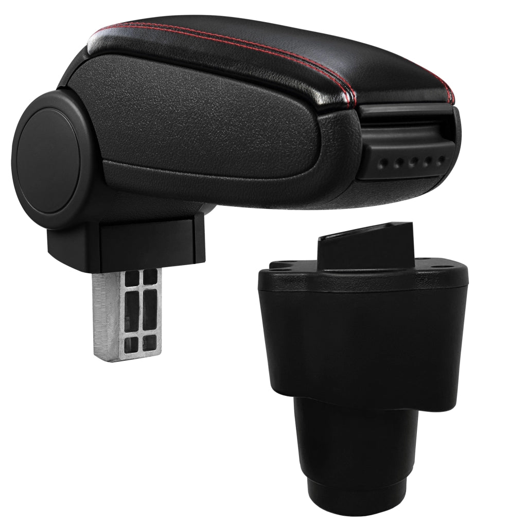 Bracciolo Centrale con Vano Portaoggetti per Auto Poggiabraccio per Automobile Specificata in Marca - Rivestimento in Similpelle - Nero con Cucitura Rossa - Dacia Sandero II