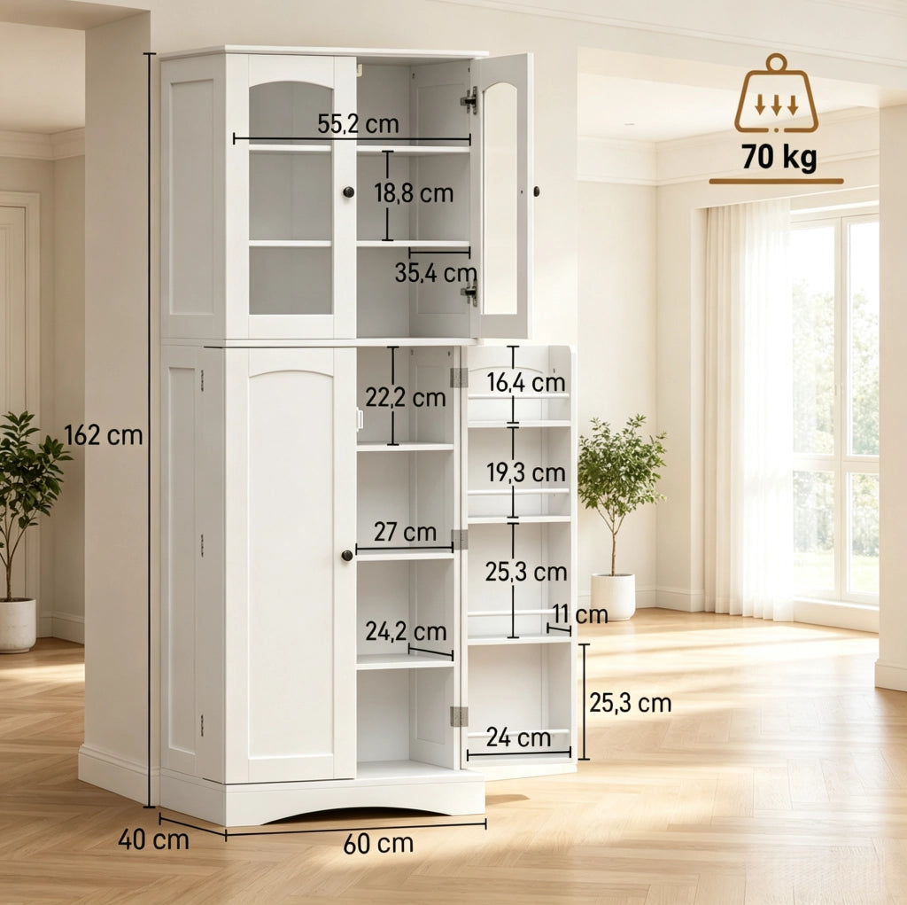 Sideboard elegante bianco con vetrina e ampio spazio contenitivo 60x40x162 cm