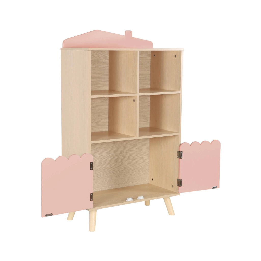 Biblioteca per bambini in legno di pino 2 porte e 4 scaffali, rosa