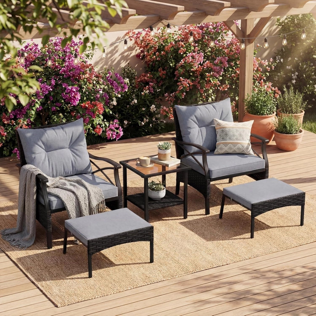 Set di mobili da giardino in rattan, per balconi, balconi, terrazze, 2 poltrone con sgabello, con cuscino, set di mobili da balcone per 2 persone (Marrone)