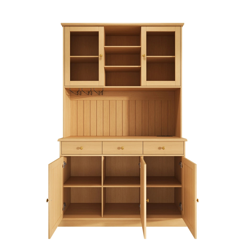Credenza alta con ante in vetro; cassetto e prese USB - per cucina e soggiorno - in truciolato - 120×40×191 cm - naturale