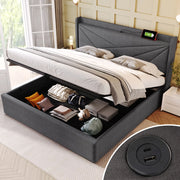 OKWISH Letto contenitore 160×200 cm, Letto Matrimoniale con Porte USB, Tipo C e Testiera Geometrica, senza Materasso, in Lino Cotone, Grigio