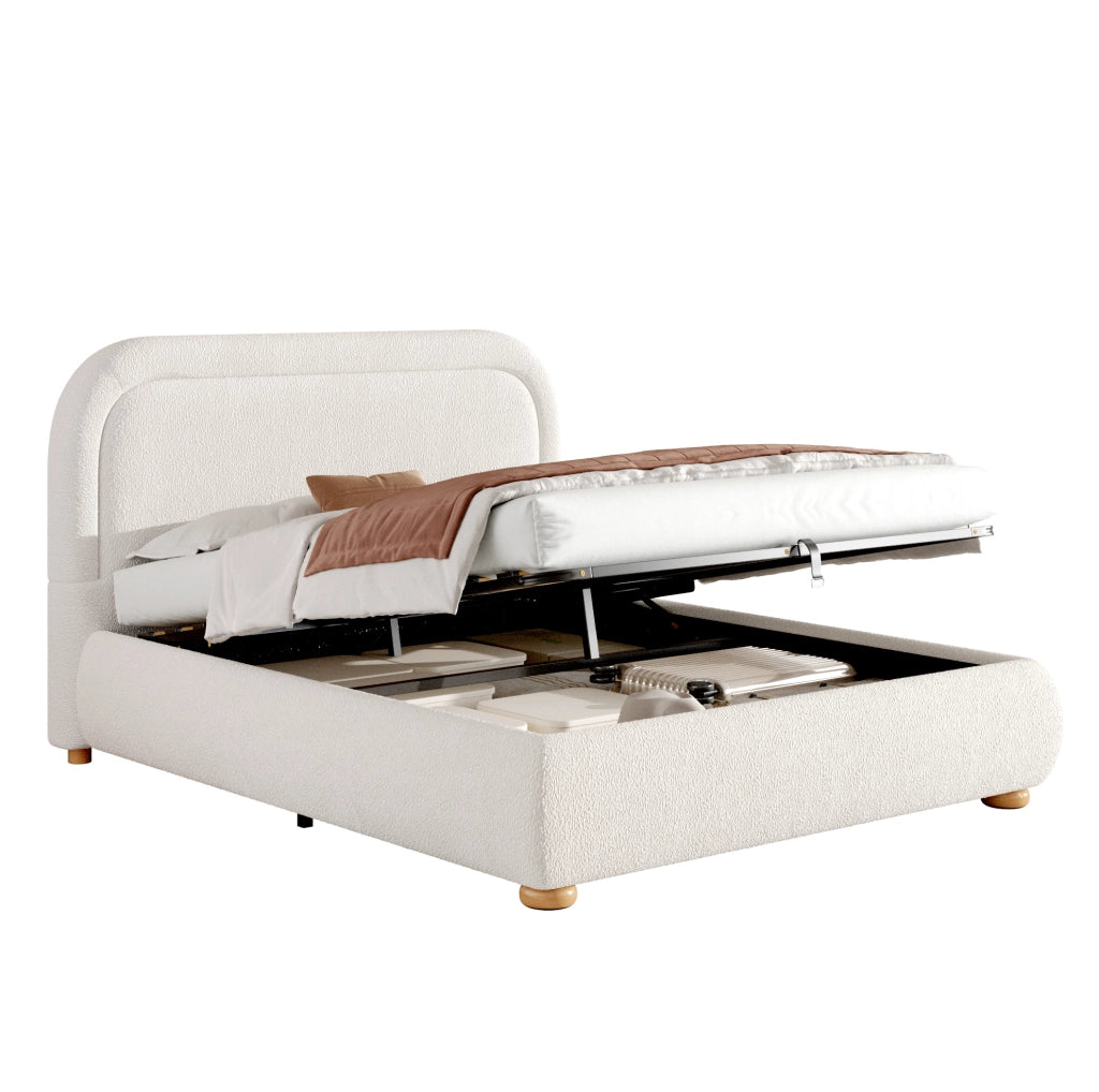 Letto 160x200 cm con contenitore idraulico e rete a doghe in boucl¨¦ bianco