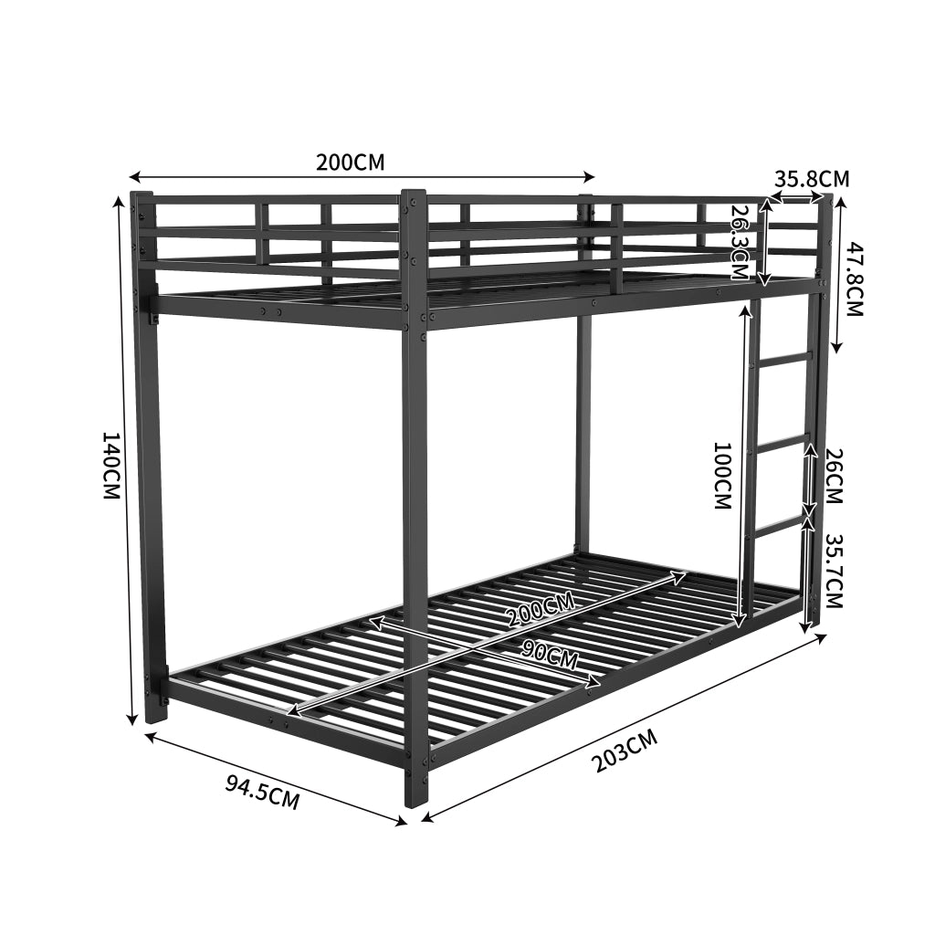 OKWISH Letto a Castello 90×200 cm, Letto Singolo con Sponde di Sicurezza e 2 Reti in Metallo, senza Materasso, Nero