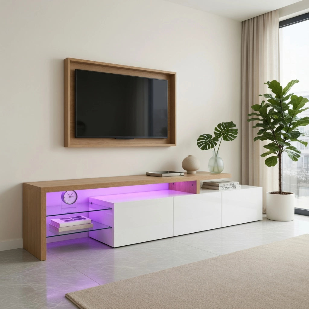 Cassettiera per TV bianco naturale in MDF e vetro; lunghezza 197.5 cm