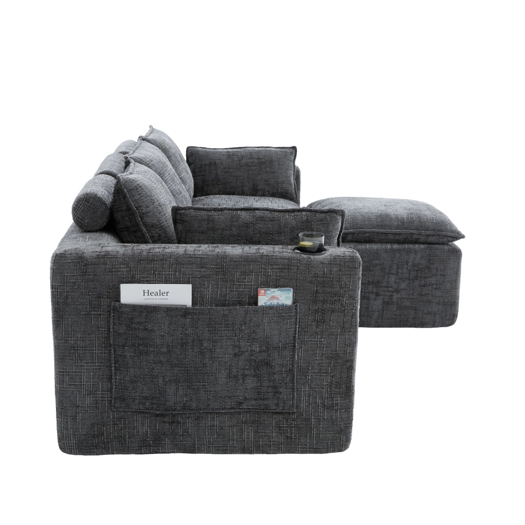Divano modulare 3 posti in ciniglia grigio con pouf e cuscini; 256x161x75 cm