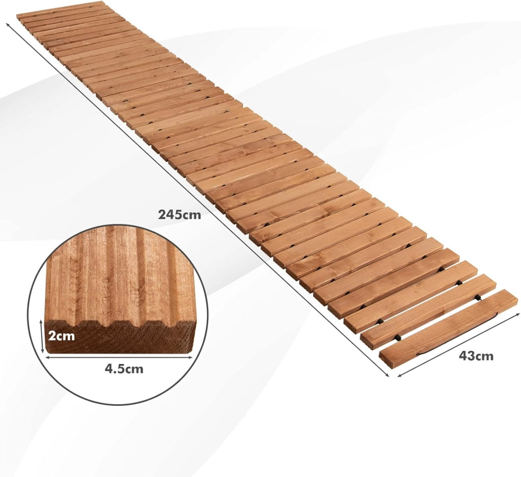 Passerella Arrotolabile per Giardino, Sentiero da Giardino con Filo di Ferro e Consistenza Antiscivolo Resistente alle Intemperie, Percorso in Legno per Cortile e Spiaggia (245 x 43 x 2 cm)