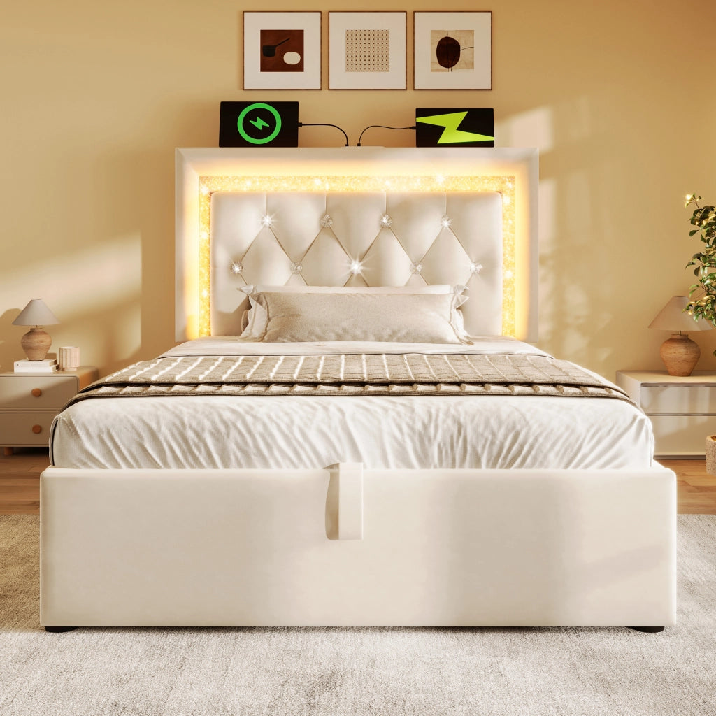 OKWISH Letto Singolo con Contenitore 90×200 cm con LED Regolabile, USB, Type C e Testiera, senza Materasso, in Velluto, Beige