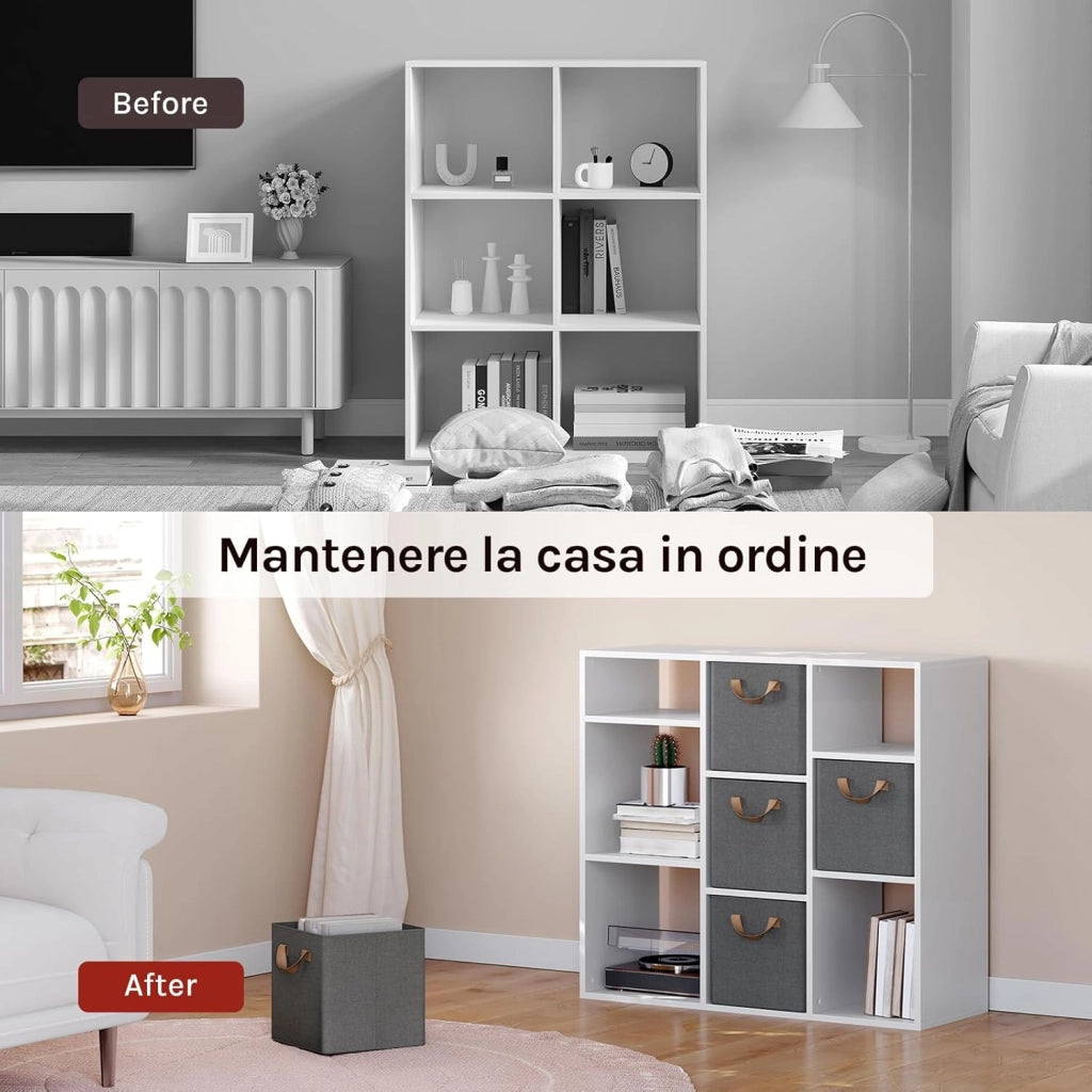 Set di 5 Cubi di Tessuto, Scatole Ripiegabili da Ripiano con Maniglia e Telaio in Metallo, Grigio, 32,5x32,5x31cm