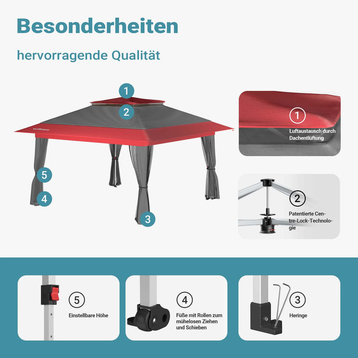Gazebo pieghevole con zanzariera, grigio rosso 3,92 x 3,92 m, impermeabile, UV 50+, Tendone per feste
