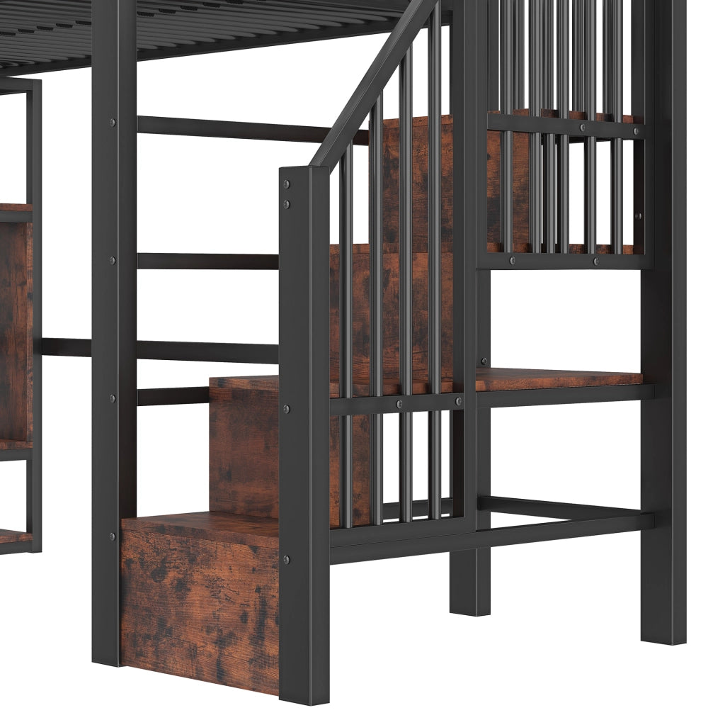 Letto a soppalco 90 x 200 cm nero con LED, scala contenitore e ripiani