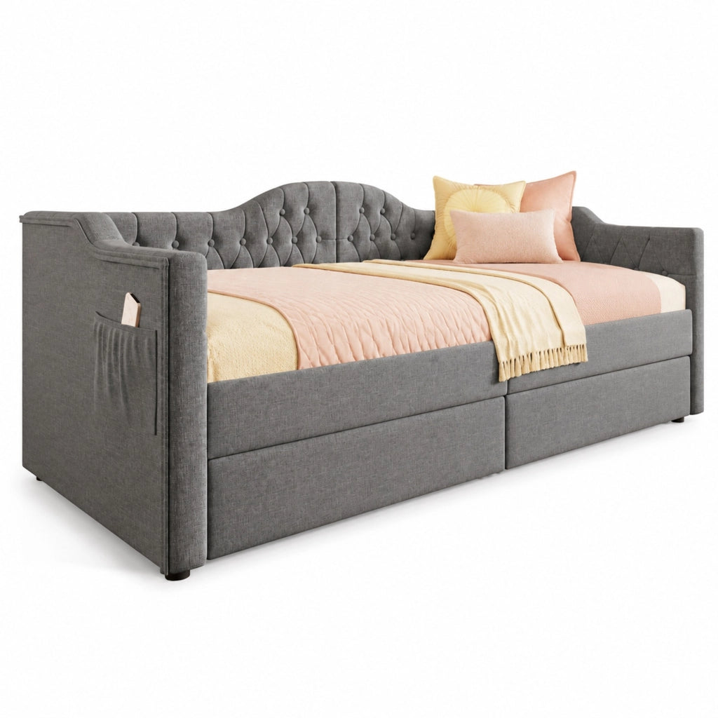 Letto a giorno 90x200 cm in lino grigio con 2 cassetti; USB e Type-C