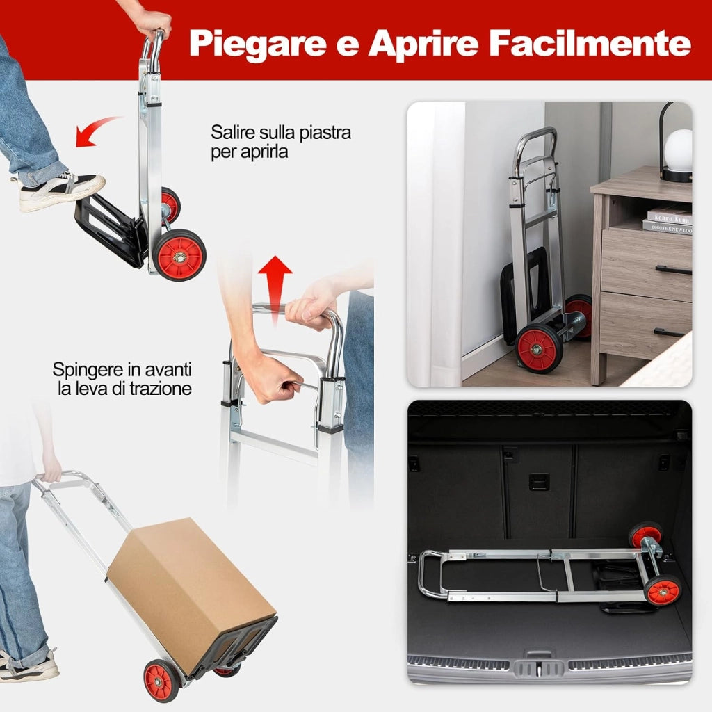 Carrello a Mano in Alluminio Pieghevole e Portatile, Carrello Portapacchi con Manico Telescopico Pieghevole e 2 Ruote in Gomma, Capacità di Carico 100 kg, per Casa, Giardino e Magazzino